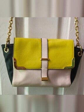 ANTONIO MELANI Yellow, Cream & Black Leather Shoulder Bag-Chain & Leather Strap